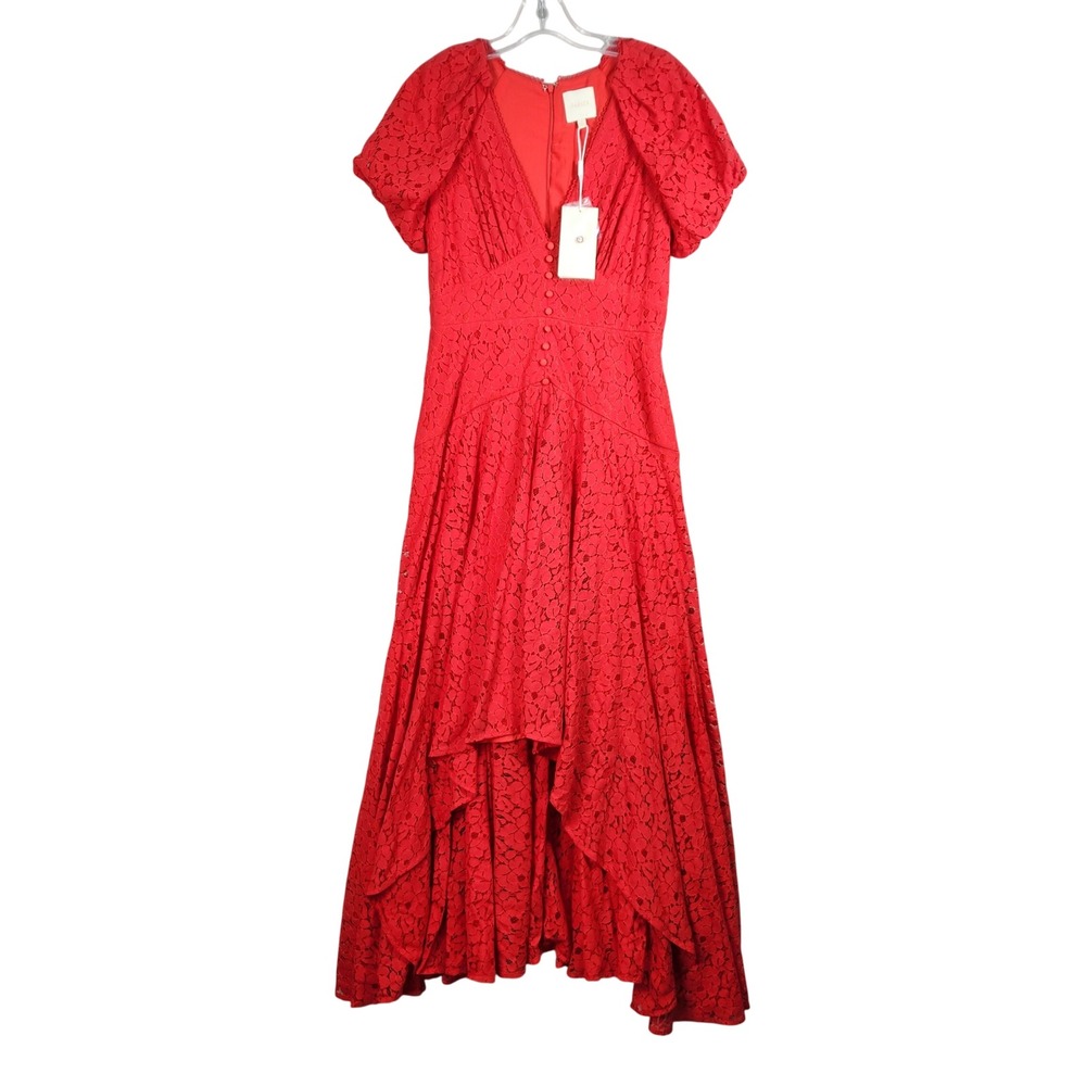 Parker‎ Lace Maxi Dress Womens 4 Poppy Red High Low Hem Puff Sleeve Romantic New
